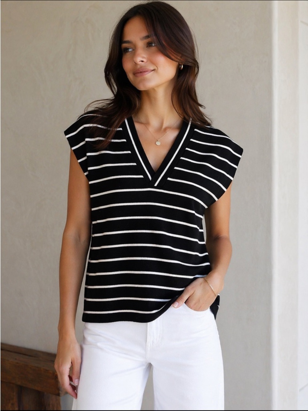 Inwear Striped V‑Neck Sleeveless Knit Top
